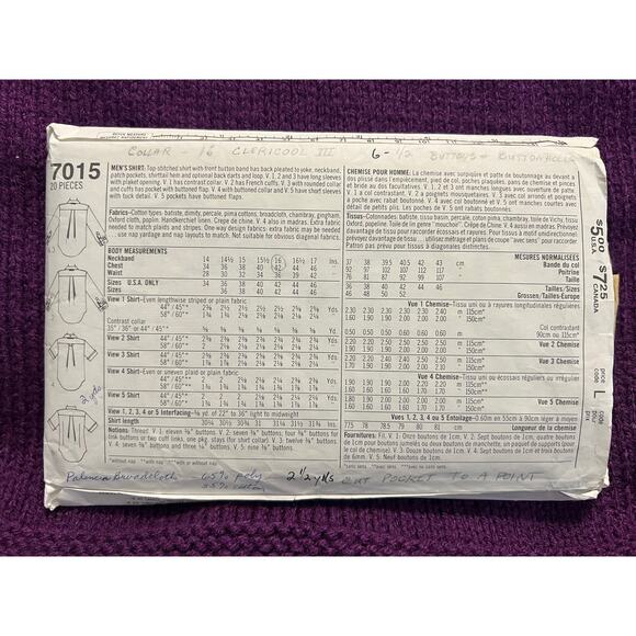 Simplicity sewing pattern 7015 Mens button down shirt size 42 - Picture 3 of 5